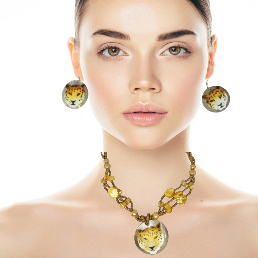 Yellow Cheetah Necklace & Earrings Set Glass Beads Statement Pendant NWOT